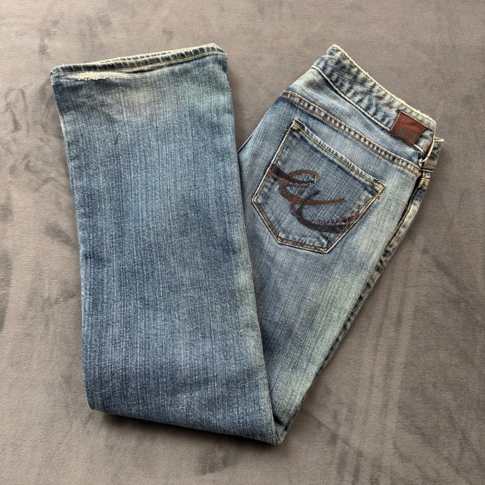 Express X2 Bootcut Jeans Womens 10 Blue Denim Low Rise Sandblasted Embroidered
